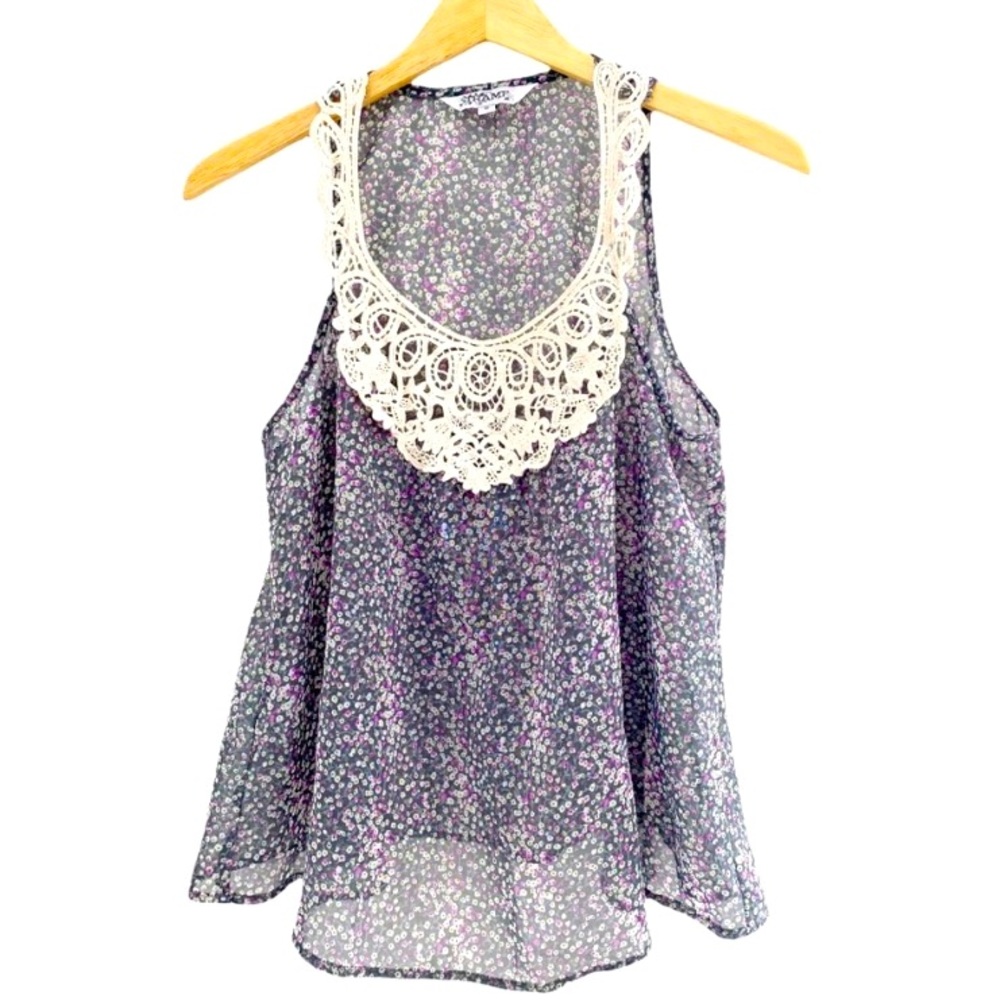 Tramp Gray & Multicolor Floral Sheer Top With White Crochet Detail, Size Small